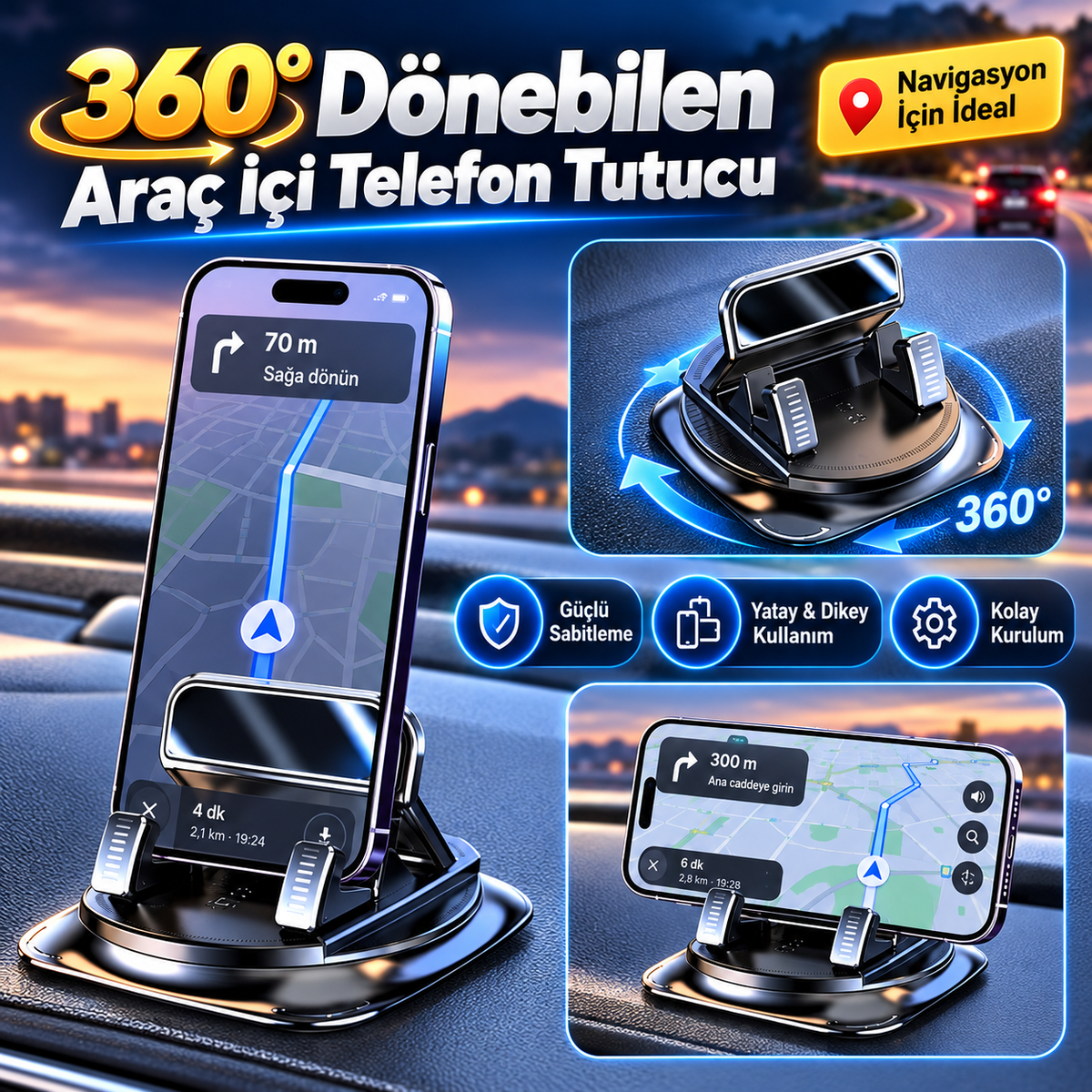 360° Döner Araç İçi Telefon Tutucu 🚗